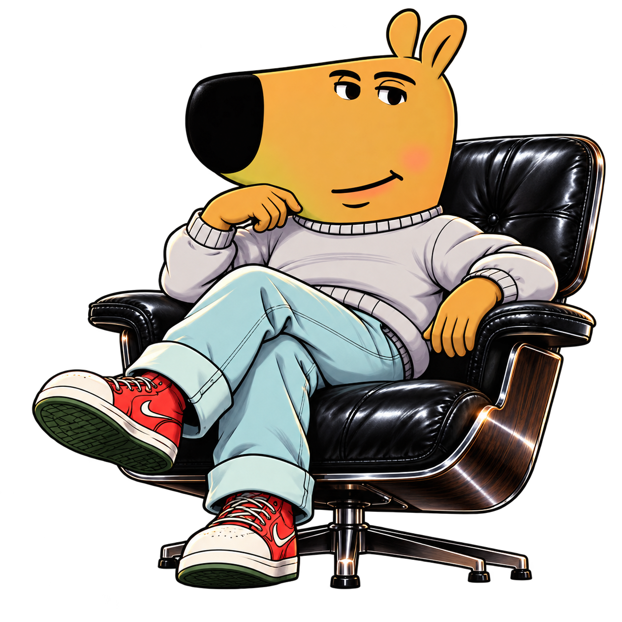 A relaxed golden cartoon dog in a white sweater, jeans and red sneakers, sitting in a black lounge chair